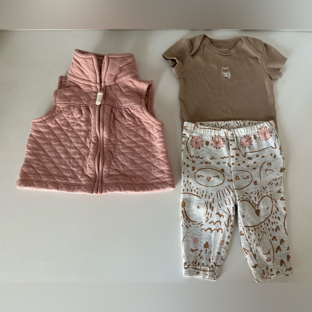 BOGO ALL BABY Carter’s 3M 3-Piece Baby Girl Owl Outfit - Onesie, Leggings, Vest